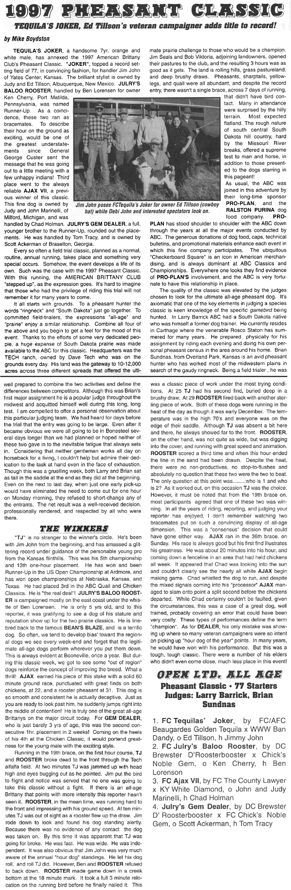 1997 American Brittany Club Pheasant Classic Writeup